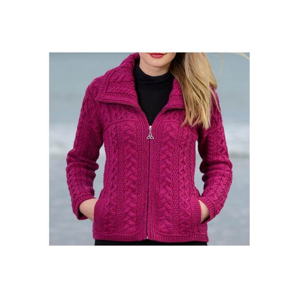 Aran Raspberry Pink Double Collar Merino Wool Sweater Full Zip Large Ireland - Picture 1 of 9